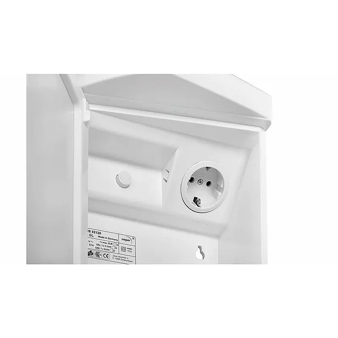 Sieper Spiegelschrank Chico GL - B x H: 62 x 52,6 cm, Weiß - Nahaufnahme einer weißen Sieper Außensteckdose mit Produktinformationen, hergestellt in Deutschland, ideal für den Außenbereich.