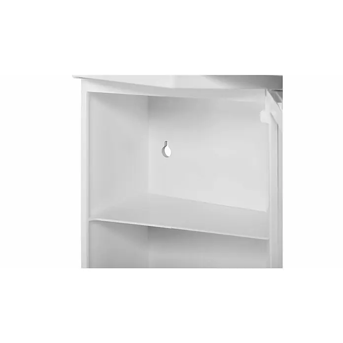 Sieper Spiegelschrank Chico GL - B x H: 62 x 52,6 cm, Weiß - Nahaufnahme eines weißen Badezimmerschranks mit Regalen und Loch für Kabelmanagement. Ideal zur Aufbewahrung und Organisation im Bad.