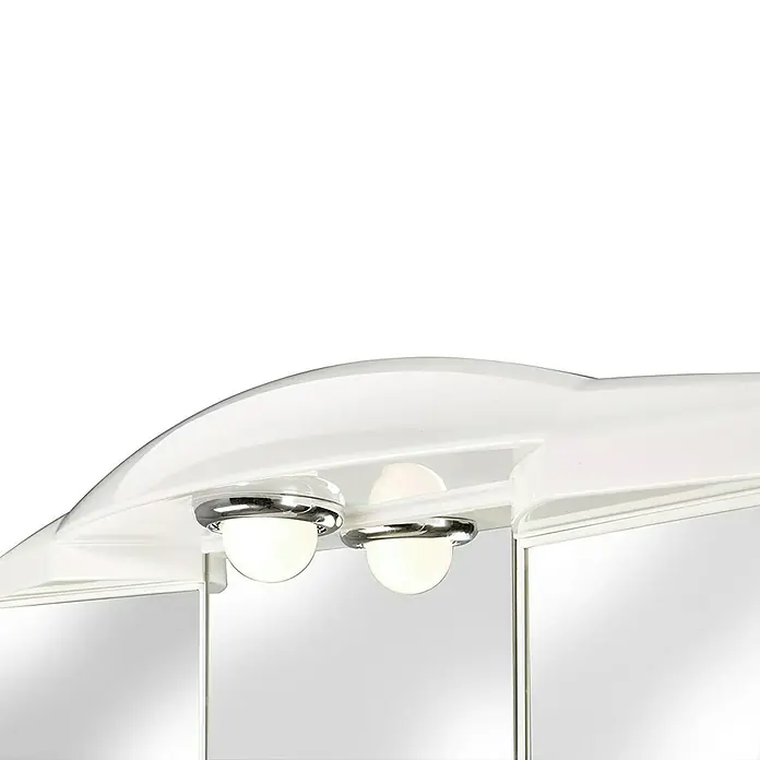 Sieper Spiegelschrank Chico GL - B x H: 62 x 52,6 cm, Weiß - Nahaufnahme eines Badezimmerschranks mit integrierten Leuchten, die ein helles, weißes Licht spenden. Der Schrank hat verspiegelte Türen.