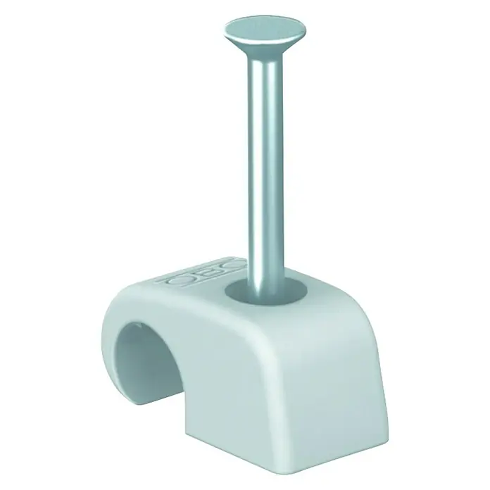 OBO Nagelschelle - 7 mm - 12 mm, Länge Nagel: 25 mm, 25 Stk., Weiß - Nahaufnahme einer einzelnen OBO-Nagelschelle aus Kunststoff mit Stahlnagel zur Befestigung von Kabeln.