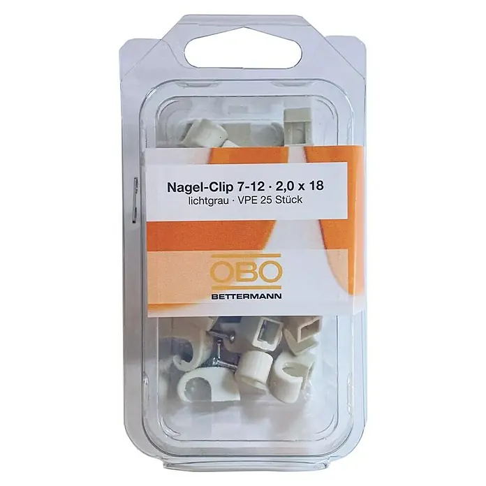 OBO Nagelschelle - 7 mm - 12 mm, Länge Nagel: 18 mm, 25 Stk., Grau - Packung Nagel-Clips 7-12 · 2,0 x 18 von OBO Bettermann. Lichtgraue Nagelclips, VPE 25 Stück, zur Befestigung von Kabeln und Leitungen.