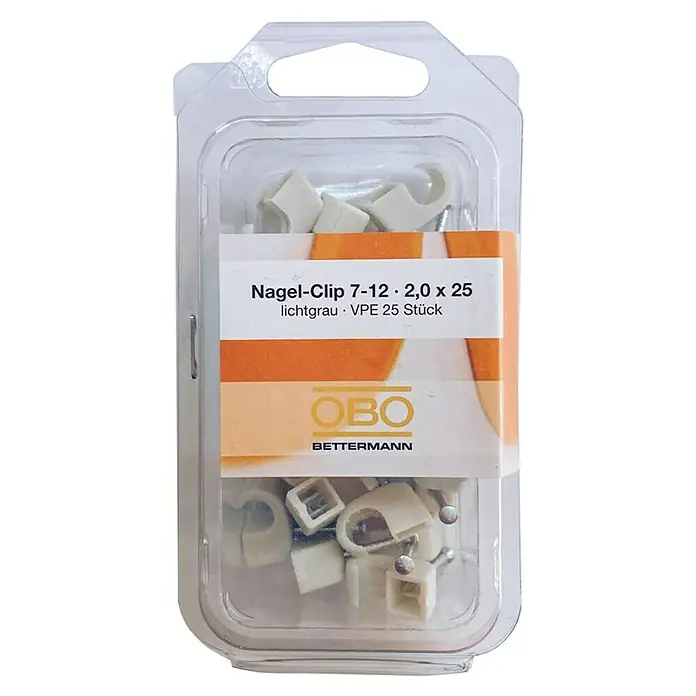 OBO Nagelschelle - 7 mm - 12 mm, Länge Nagel: 25 mm, 25 Stk., Grau - Packung Nagel-Clips 7-12 · 2,0 x 25 von OBO Bettermann, lichtgrau, VPE 25 Stück, zur Befestigung von Kabeln und Leitungen.