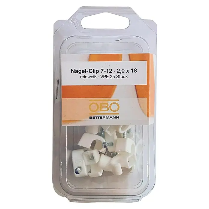 OBO Nagelschelle - 7 mm - 12 mm, Länge Nagel: 18 mm, 25 Stk., Weiß - Eine Packung Nagel-Clips 7-12 · 2,0 x 18 von OBO Bettermann, reinweiß, VPE 25 Stück, in durchsichtiger Kunststoffverpackung.