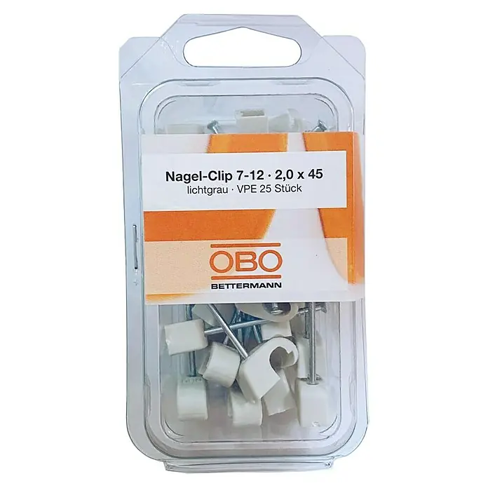 OBO Nagelschelle - 7 mm - 12 mm, Länge Nagel: 45 mm, 25 Stk., Grau - Nagel-Clip 7-12 von OBO Bettermann, lichtgrau, VPE 25 Stück. Ideal für die Befestigung von Kabeln und Leitungen im Innenbereich.