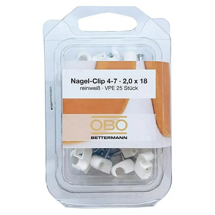 OBO Nagelschelle - 4 mm - 7 mm, Länge Nagel: 18 mm, 25 Stk., Weiß - Ein transparentes Paket mit Nagelclips der Größe 4-7 · 2,0 x 18 von OBO Bettermann, reinweiß, VPE 25 Stück.