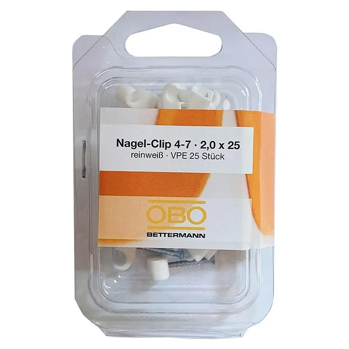 OBO Nagelschelle - 4 mm - 7 mm, Länge Nagel: 25 mm, 25 Stk., Weiß - Nagel-Clip 4-7 · 2,0 x 25 von OBO Bettermann in durchsichtiger Verpackung. Geeignet für Kabelbefestigungen im Innenbereich.