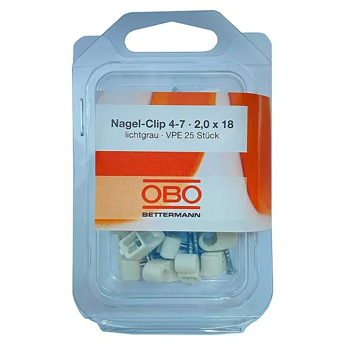 OBO Nagelschelle - 4 mm - 7 mm, Länge Nagel: 18 mm, 25 Stk., Grau - Nagel-Clip 4-7 von OBO Bettermann. Eine Packung mit 25 hellgrauen Kabelbefestigungsclips, ideal für die Installation von Kabeln.