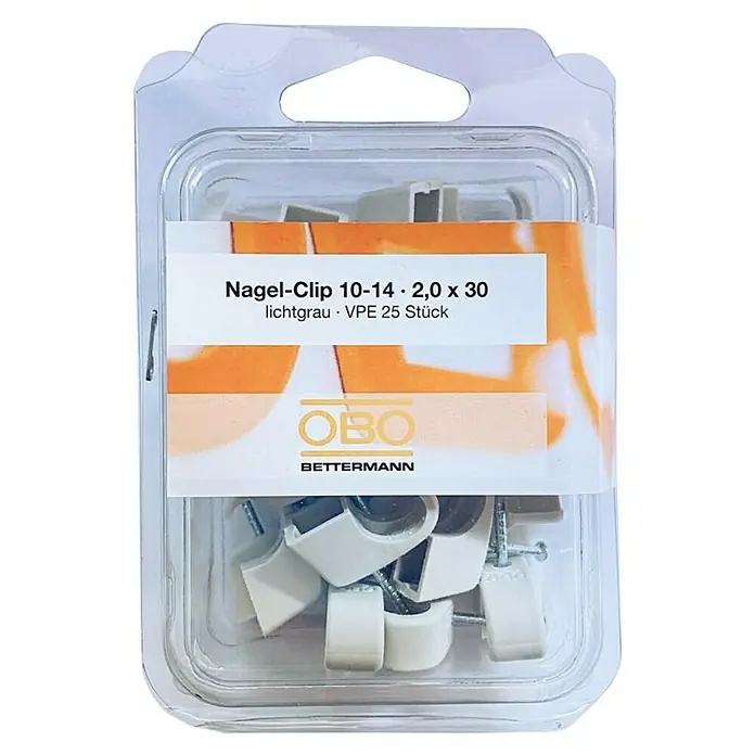 OBO Nagelschelle - 10 mm - 14 mm, Länge Nagel: 30 mm, 25 Stk., Grau - Nagel-Clip 10-14 von OBO Bettermann in lichtgrau, 2,0 x 30 mm, VPE 25 Stück. Ideal zur Befestigung von Kabeln und Leitungen.