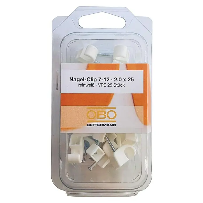 OBO Nagelschelle - 7 mm - 12 mm, Länge Nagel: 25 mm, 25 Stk., Weiß - Nagel-Clips von OBO Bettermann, 7-12 · 2,0 x 25, reinweiß, VPE 25 Stück in transparenter Verpackung.