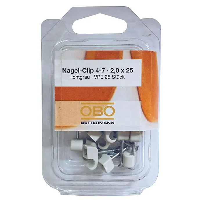 OBO Nagelschelle - 4 mm - 7 mm, Länge Nagel: 25 mm, 25 Stk., Grau - Eine Packung OBO Bettermann Nagel-Clips, lichtgrau, zur einfachen Befestigung von Kabeln und Leitungen. VPE 25 Stück, Größe 4-7 • 2,0 x 25.