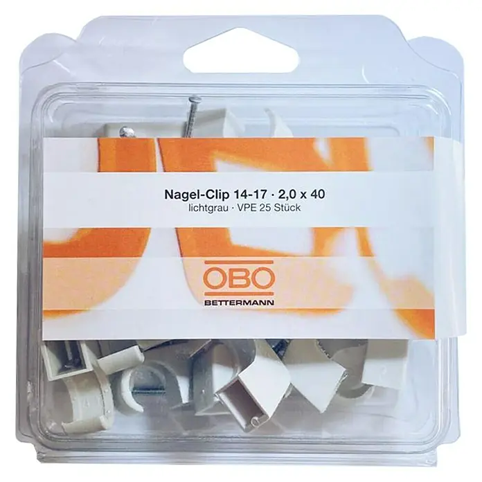 OBO Nagelschelle - 14 mm - 17 mm, Länge Nagel: 40 mm, 25 Stk., Grau - Nagel-Clip 14-17 von OBO Bettermann in Hellgrau, 2,0 x 40 mm. Diese VPE enthält 25 Stück, ideal für Kabelfixierung und Installationen.