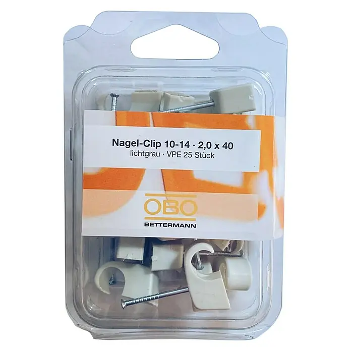 OBO Nagelschelle - 10 mm - 14 mm, Länge Nagel: 40 mm, 25 Stk., Grau - Eine durchsichtige Verpackung von OBO Bettermann Nagel-Clips 10-14, 2,0 x 40, lichtgrau, VPE 25 Stück. Ideal zum Befestigen von Kabeln.