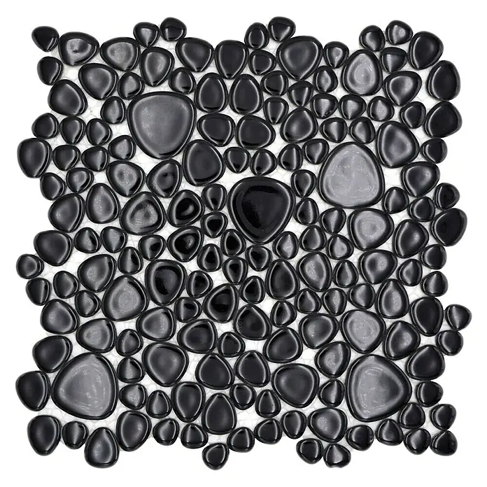 Mosaikfliese Kiesel Uni XKM 890N - 27,5 x 27,5 cm, Schwarz, Glänzend - Glänzende, schwarze Kieselstein-Mosaikfliese für ein elegantes und modernes Baddesign. Perfekt für Akzentwände oder als dekoratives Element.