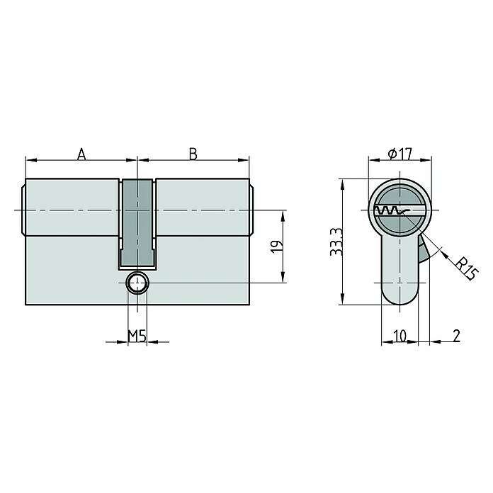 Basi Profilzylinder BM mit N+G (Baulänge innen: 45 mm, Baulänge außen: 50 mm, Material Zylinder: Messing, Bohrmuldenschlüssel, Mit Not- & Gefahrenfunktion) | BAUHAUS