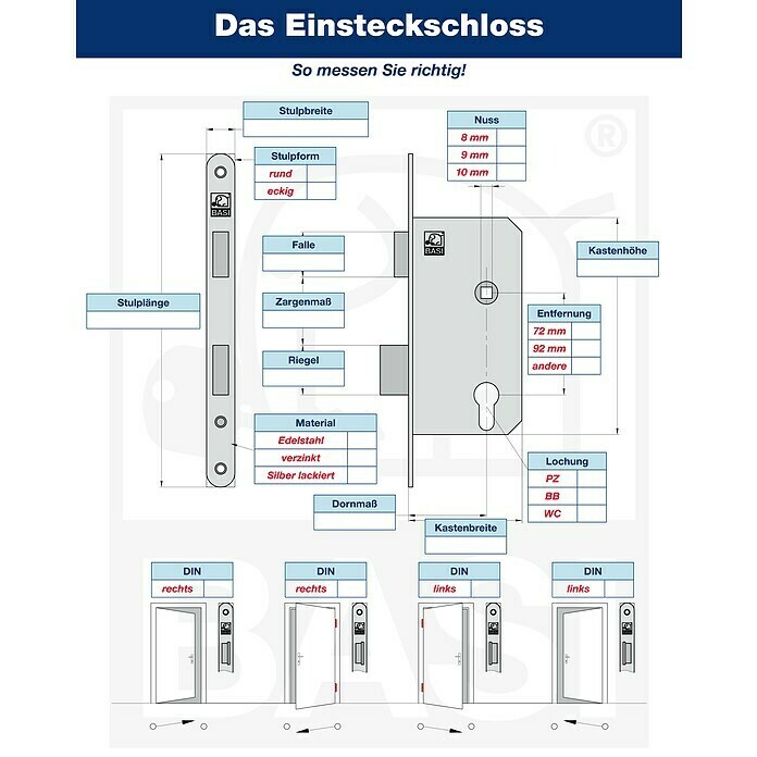 Basi Zimmertür-Einsteckschloss ES 921 (Rechts, Stulpfarbe: Silber, 72 x 8 x  55 mm)