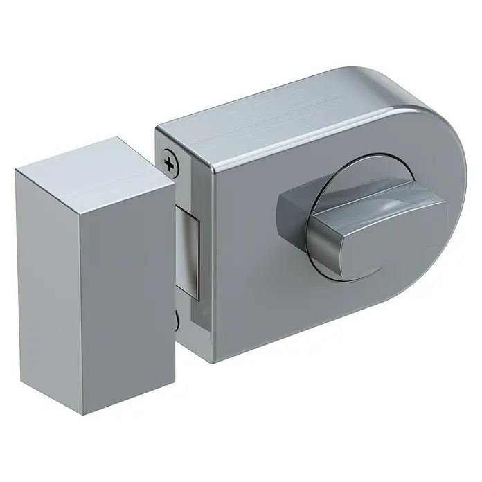 Basi Türzusatzschloss KS500REdelstahl, DIN Anschlag: Universell einsetzbar, Dornmaß: 45 mm - Nahaufnahme eines glänzenden, modernen Türriegels aus Metall, der Sicherheit und modernes Design vereint.