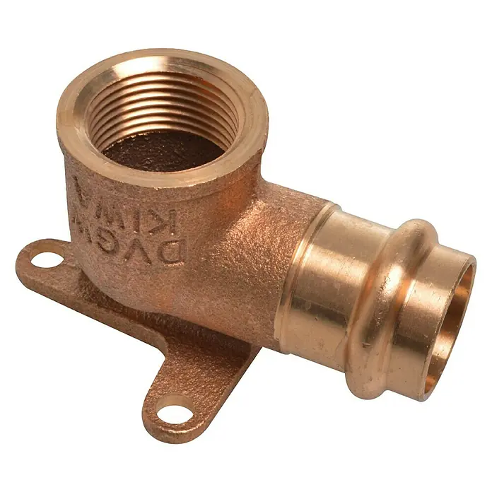 RG-Press-Wandwinkel - Durchmesser: 15 mm, Innengewinde: ½″, 10 Stk. - Detailaufnahme eines Fittings mit Wandbefestigungsplatte, einer Innengewinde-Seite und einem Pressanschluss.