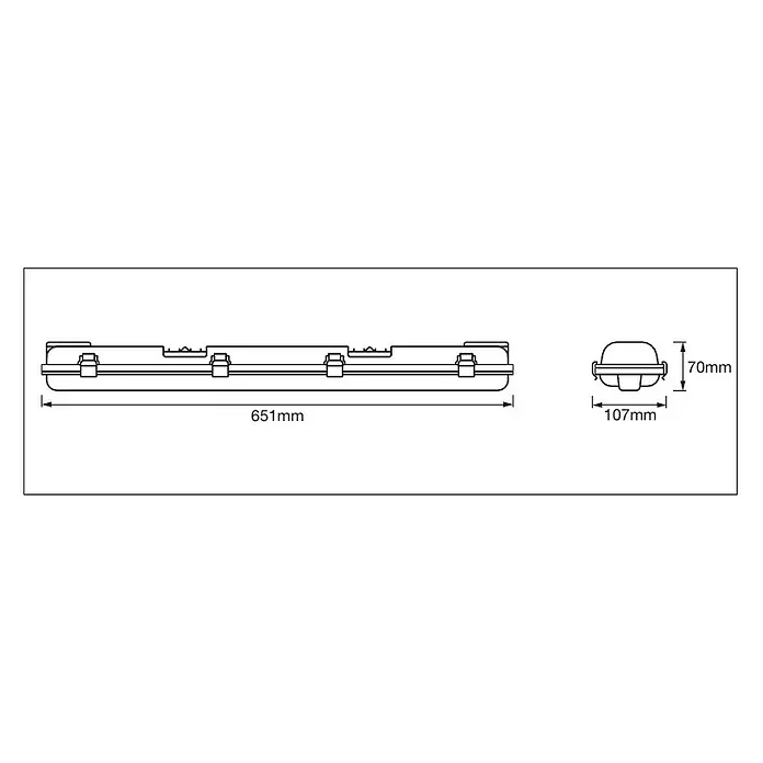 Ledvance LED-Feuchtraumlichtleiste Submarine - Länge: 60 cm, Lichtfarbe: Neutralweiß, 12 W, IP65 - Abbildung einer Feuchtraumleuchte mit den Maßen 651 mm Länge, 107 mm Breite und 70 mm Höhe.