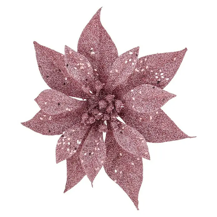 Dekoblüte Weihnachtsstern mit Clip - Durchmesser: 18 cm, Kunststoff, Rosa, Blume - Nahaufnahme einer rosafarbenen, glitzernden Poinsettia-Blume, ideal als festliche Dekoration für die Weihnachtszeit.