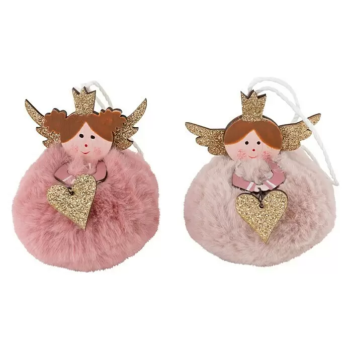 Christbaumschmuck Engel - B x H: 7 x 8 cm, 2 Stk. - Zwei flauschige rosa Engel-Anhänger mit Holzgesichtern, Glitzerkronen, Flügeln und goldenen Glitzerherzen.
