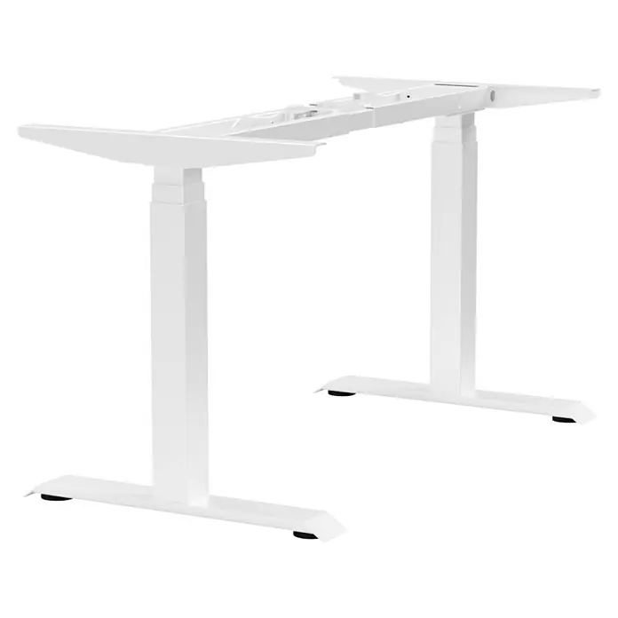 Tischgestell E-MORE 2M3S - Breitenverstellung: 110 cm - 180 cm, Höhenverstellung: 60 cm - 125 cm, Traglast: 160 kg, Stahl, Weiß - Weißes höhenverstellbares Tischgestell, bestehend aus zwei Beinen und einer Rahmenkonstruktion, die eine flexible Anpassung der Tischhöhe ermöglicht.