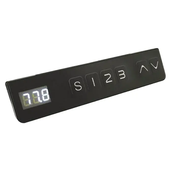 Tischgestell E-MORE 2M3S - Breitenverstellung: 110 cm - 180 cm, Höhenverstellung: 60 cm - 125 cm, Traglast: 160 kg, Stahl, Schwarz - Nahaufnahme der Bedienelemente eines verstellbaren Schreibtisches mit Tasten für Speichern, Höhenverstellung und digitaler Anzeige.