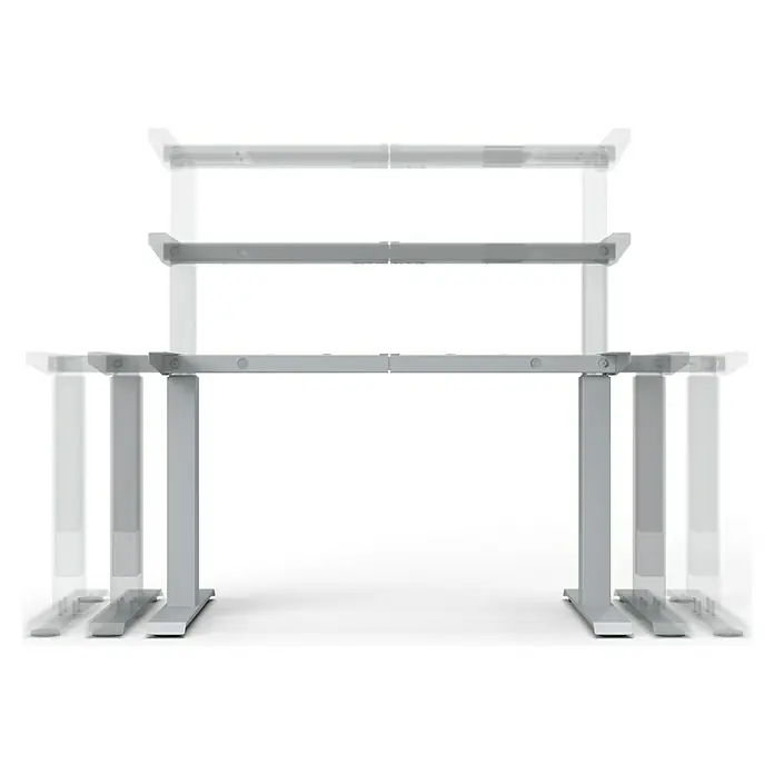 Tischgestell E-MORE 2M3S - Breitenverstellung: 110 cm - 180 cm, Höhenverstellung: 60 cm - 125 cm, Traglast: 160 kg, Stahl, Schwarz - Ein verstellbarer Schreibtisch, der seine verschiedenen Höhenpositionen zeigt. Flexibilität und Ergonomie für den modernen Arbeitsplatz.