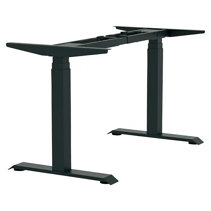 Tischgestell E-MORE 2M3S - Breitenverstellung: 110 cm - 180 cm, Höhenverstellung: 60 cm - 125 cm, Traglast: 160 kg, Stahl, Schwarz - Schwarzes, höhenverstellbares Tischgestell mit zwei Säulen und einem Verbindungsstück. Die Basis ist breit für Stabilität.