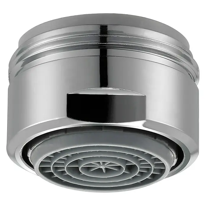Admiral Aireador de ahorro de agua Nr. 2 - M24, 1 ud., 13,5 l/min - 15 l/min - Primer plano de un aireador de grifo cromado con inserto gris, diseñado para ahorrar agua y regular el flujo.