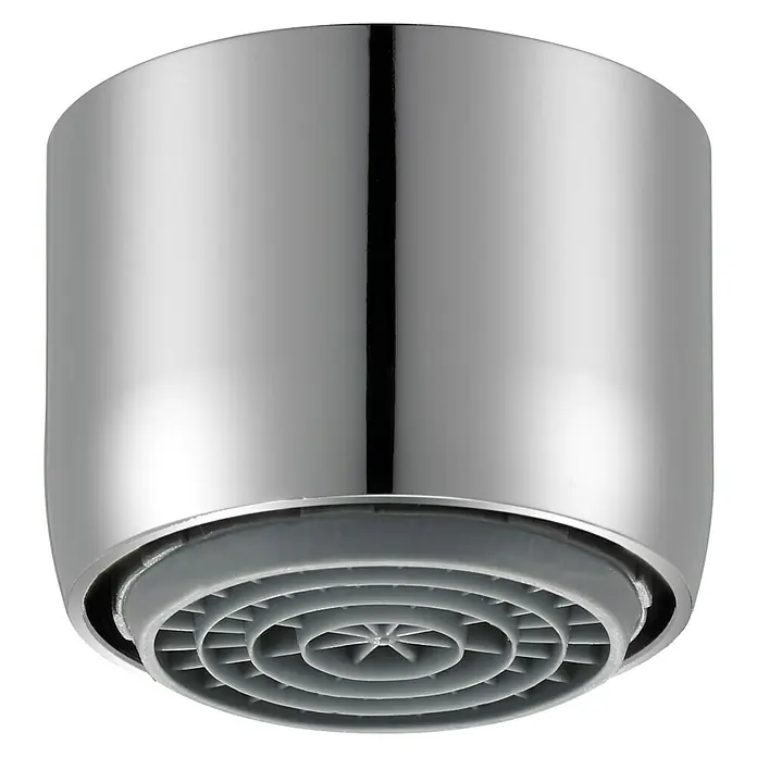 Admiral Aireador de ahorro de agua Nr. 1 - M 22, 1 ud., 13,5 l/min - 15 l/min - Primer plano de un aireador de grifo redondo y brillante con un inserto gris en forma de estrella para la distribución del agua.