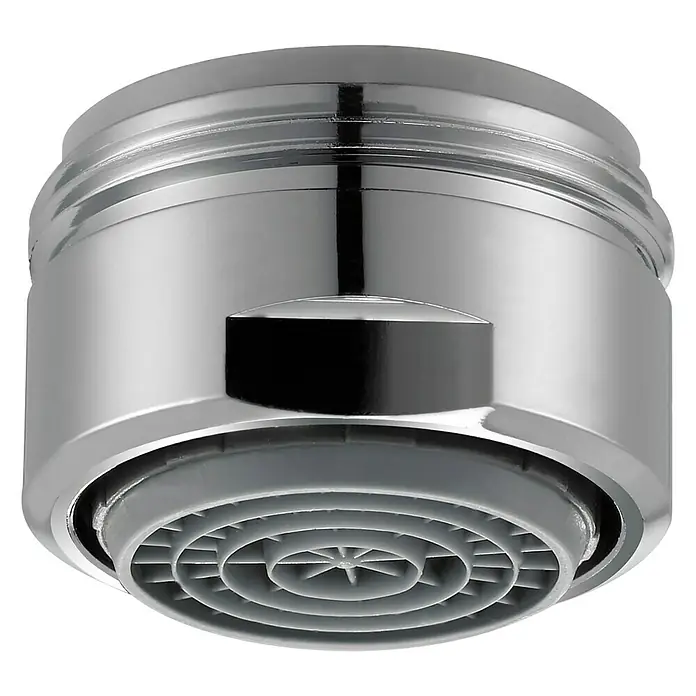 Admiral Aireador de ahorro de agua Nr. 3 - M24, 1 ud., 27 l/min - 30 l/min - Primer plano de un aireador de grifo cromado con un inserto gris diseñado para ahorrar agua y regular el flujo de agua.