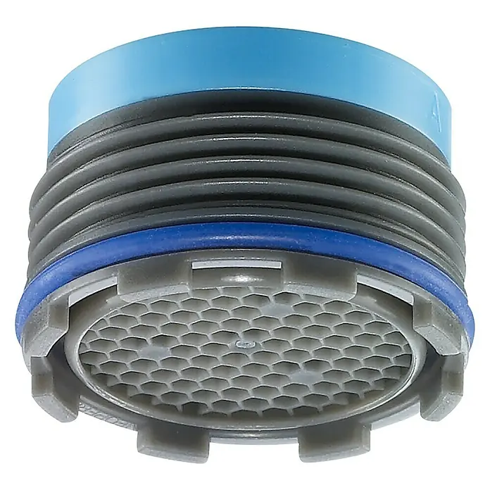 Admiral Aireador de ahorro de agua - M18,5, 1 ud., 13,5 l/min - 15 l/min - Primer plano de un aireador de grifo azul y gris con un patrón de panal.