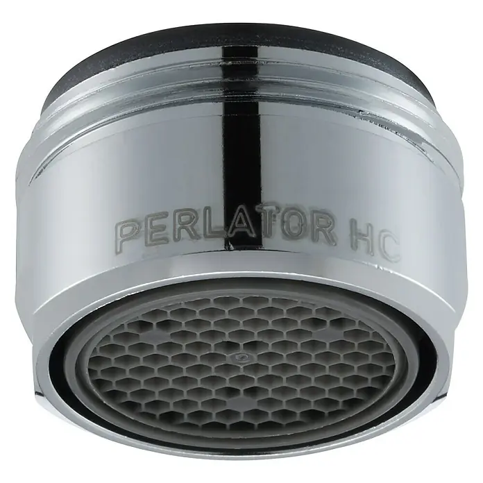 Admiral Aireador de ahorro de agua Nr. 6 - M24, 1 ud., 27 l/min - 30 l/min - Primer plano de un aireador de grifo PERLATOR HC con acabado cromado y diseño de panal.