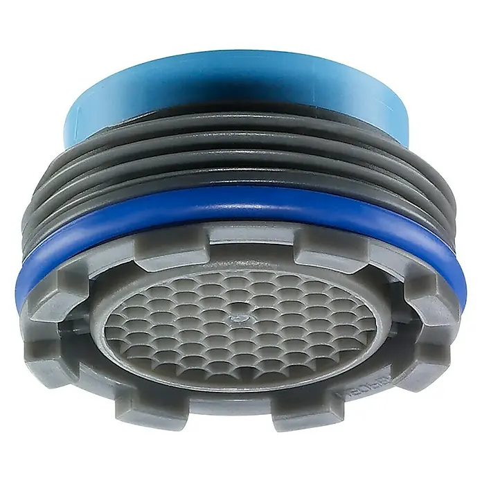 Admiral Aireador de ahorro de agua - M21,5, 1 ud., 13,5 l/min - 15 l/min - Primer plano de un aireador de grifo con diseño azul y gris sobre un fondo negro.