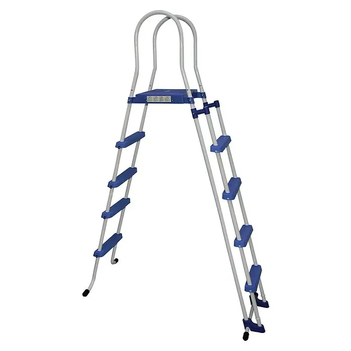Poolleiter - Passend für: Poolhöhe 130 cm, Stahl - Eine silberne Schwimmbadleiter mit blauen Stufen und Griffen vor einem schwarzen Hintergrund.