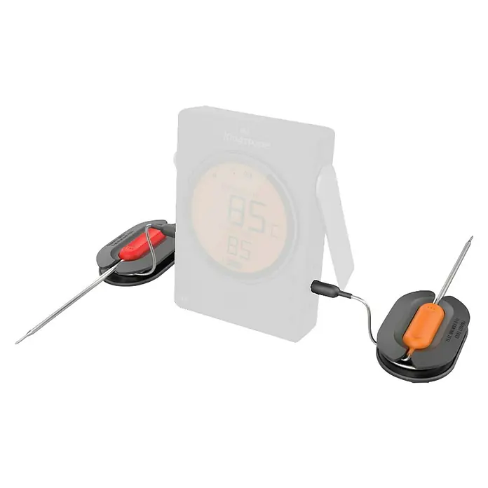 Kingstone Ersatz-Wärmefühler - Passend für: Kingstone Grill-Thermometer - Das Bild zeigt ein Kingstone Grillthermometer mit zwei Temperaturfühlern in Rot und Orange. Das Display zeigt eine Temperatur von 85°C an.