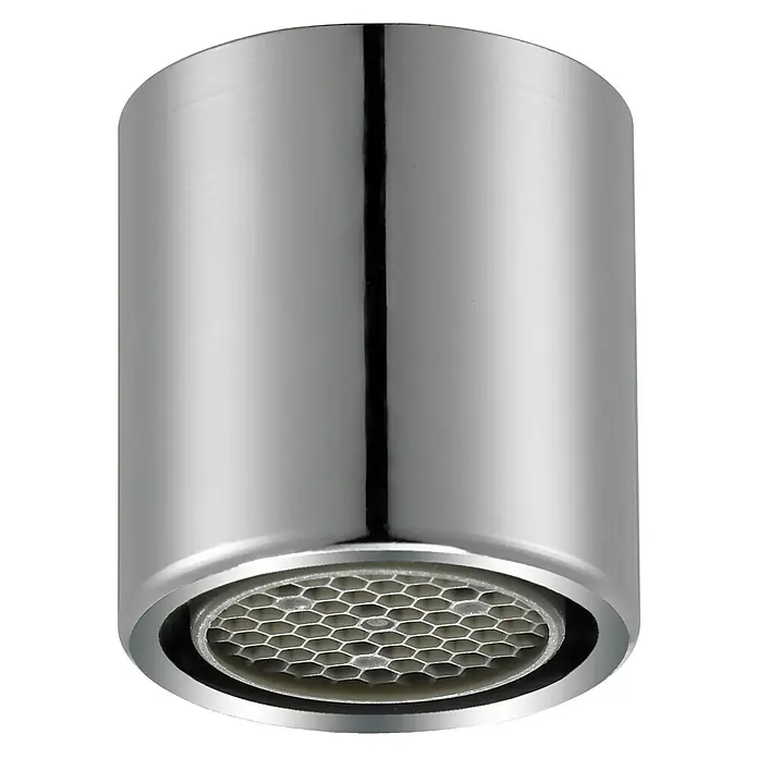 Admiral Aireador de ahorro de agua - M 16, 1 ud. - Primer plano de un aireador de grifo cilíndrico brillante con un inserto hexagonal para la regulación del flujo de agua.