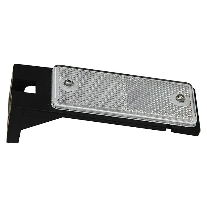 Stema Reflektor mit Gummihalter - 2 Stk., 40 x 90 mm - Ein rechteckiger, weißer Reflektor mit einem schwarzen Halter wird auf schwarzem Hintergrund gezeigt. Er dient der Erhöhung der Sicherheit.