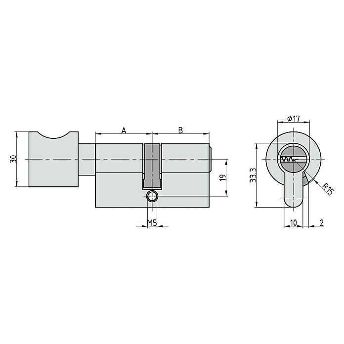 Basi Knaufzylinder BM (Baulänge innen: 65 mm, Baulänge außen: 30 mm, Material Zylinder: Messing, Bohrmuldenschlüssel) | BAUHAUS