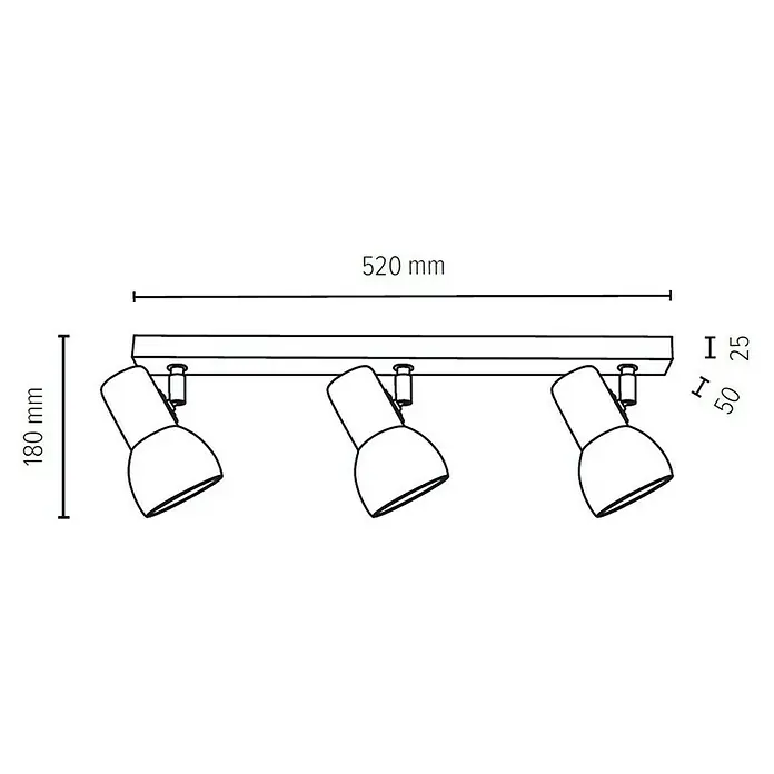 Spotlight Deckenstrahler Svenda - 180 W, L x B x H: 52 x 9 x 18 cm, Eiche, E27 - Produktzeichnung einer schwarzen 3-flammigen LED-Deckenleuchte mit Maßen. Die Leuchte ist 520 mm breit und 180 mm hoch.