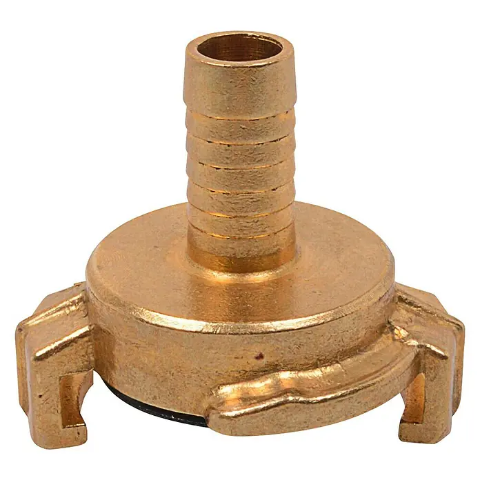 Schlauchkupplung - Gewinde: ½″, Größe Anschluss: ½″ - Messing Schlauchanschluss mit geripptem Ende und drei Befestigungslaschen, ideal für schnelle und sichere Schlauchverbindungen.