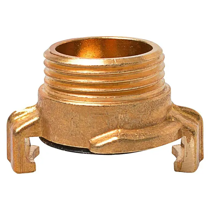 Schnellkupplungs-Gewindestück 2 - Außengewinde: 1″, Messing - Nahaufnahme eines goldenen Schlauchkupplungsstücks, das ein robustes Design für sichere Verbindungen in verschiedenen Anwendungen zeigt.