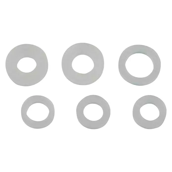 Quetschdichtung - 4 Stk., ½" x 12 mm, Geeignet für: Gewindeverbindungen - Nahaufnahme von sechs weißen Gummidichtungen in zwei Reihen vor einem schwarzen Hintergrund.