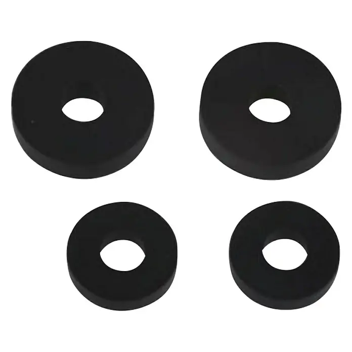 Dichtungs-Set Ventilteller - Passend für: Grohe Oberteil ⅜/½″, 4 -tlg. - Vier schwarze Gummidichtungen mit einem Loch in der Mitte, ideal für Sanitäranwendungen und zur Abdichtung von Rohrverbindungen.