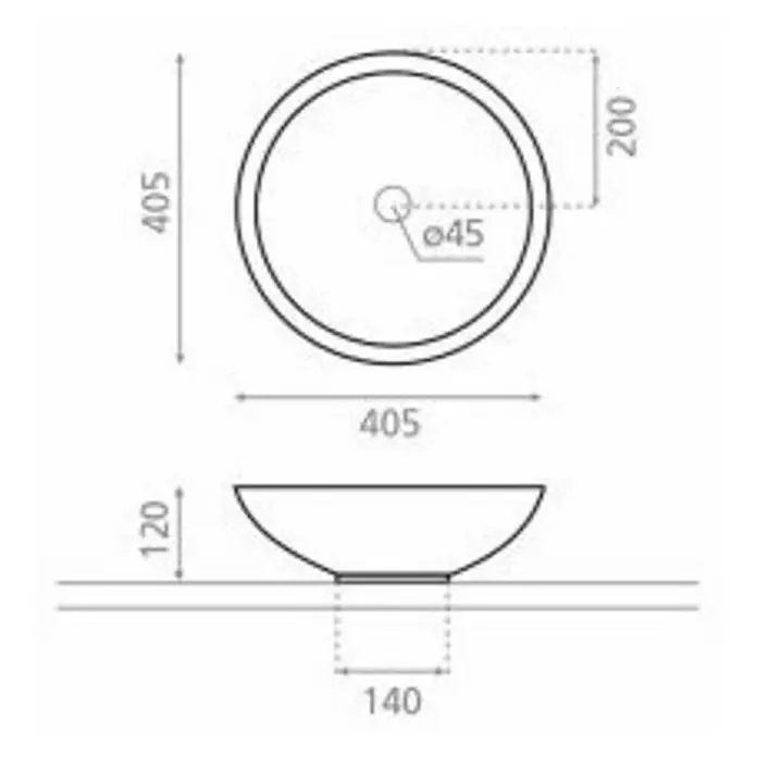 Bathco Lavabo de sobremesa Catania - Diámetro: 40,5 cm, Beige - Dibujo técnico de un lavabo de encimera redondo con dimensiones 405 x 405 x 120 mm y un diámetro de desagüe de 45 mm.