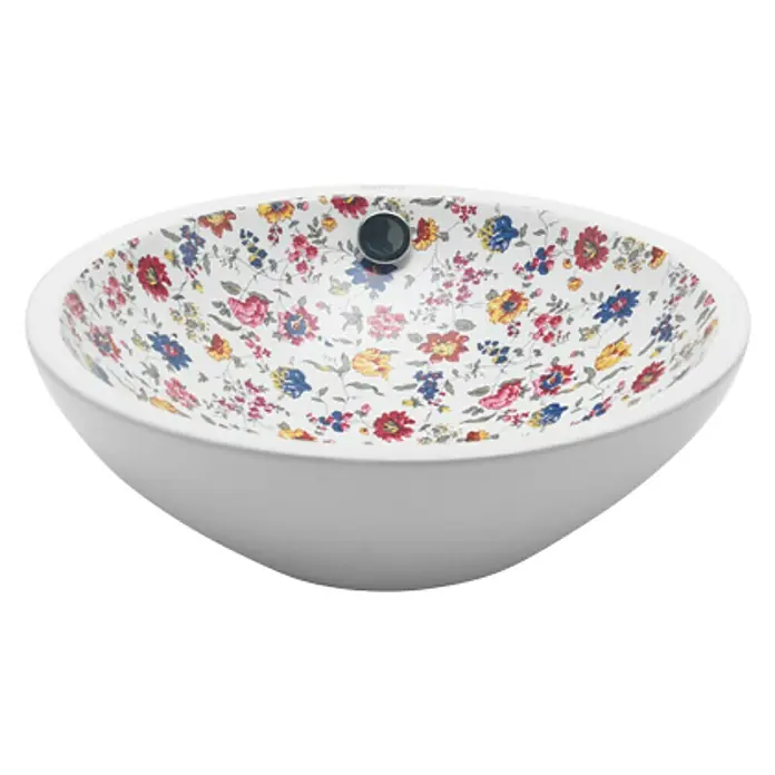 Bathco Lavabo de sobremesa Castellón C - Diámetro: 35 cm, Blanco floreado - Elegante lavabo con decoración floral. Este lavabo sobre encimera redondo blanco con estampados florales coloridos añade estilo a cualquier baño.