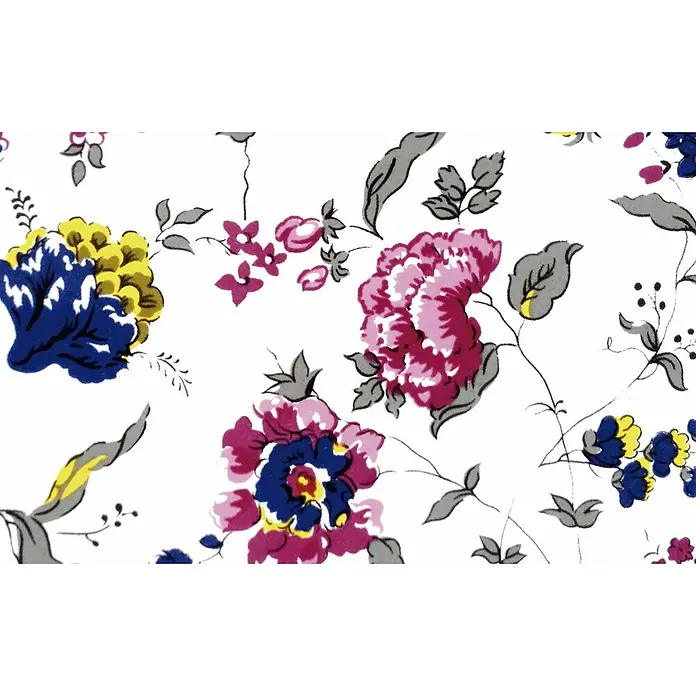 Bathco Lavabo de sobremesa Castellón C - Diámetro: 35 cm, Blanco floreado - Un patrón floral vibrante con una mezcla de flores y hojas estilizadas sobre un fondo blanco nítido.