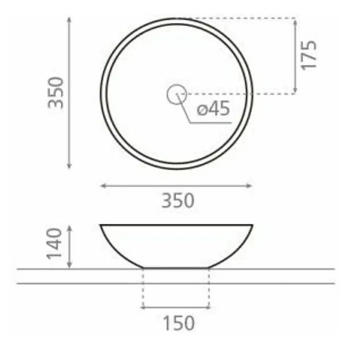 Bathco Lavabo de sobremesa Castellón C - Diámetro: 35 cm, Blanco floreado - Diagrama esquemático de un lavabo redondo con dimensiones. Las dimensiones se dan en milímetros.