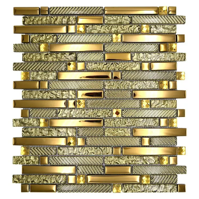 Mosaikfliese Crystal Mix XCM GV918 - 29,8 x 33,8 cm, Gold, Glänzend - Goldfarbene Mosaikfliesen mit rechteckigen und quadratischen Elementen für stilvolle Wandgestaltungen.