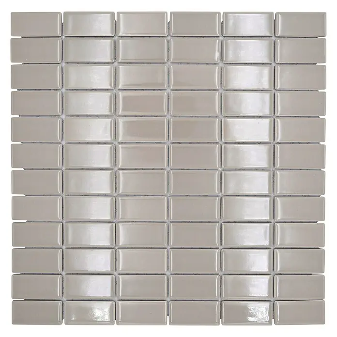 Mosaikfliese Stäbchen Uni ST 410 - 29,8 x 29,8 cm, Beige/Braun, Glänzend - Bild einer quadratischen Fläche mit rechteckigen, beigen Keramikmosaikfliesen.